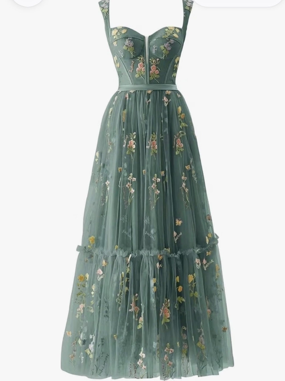 Elegant Green Floral Embroidered Maxi Dress